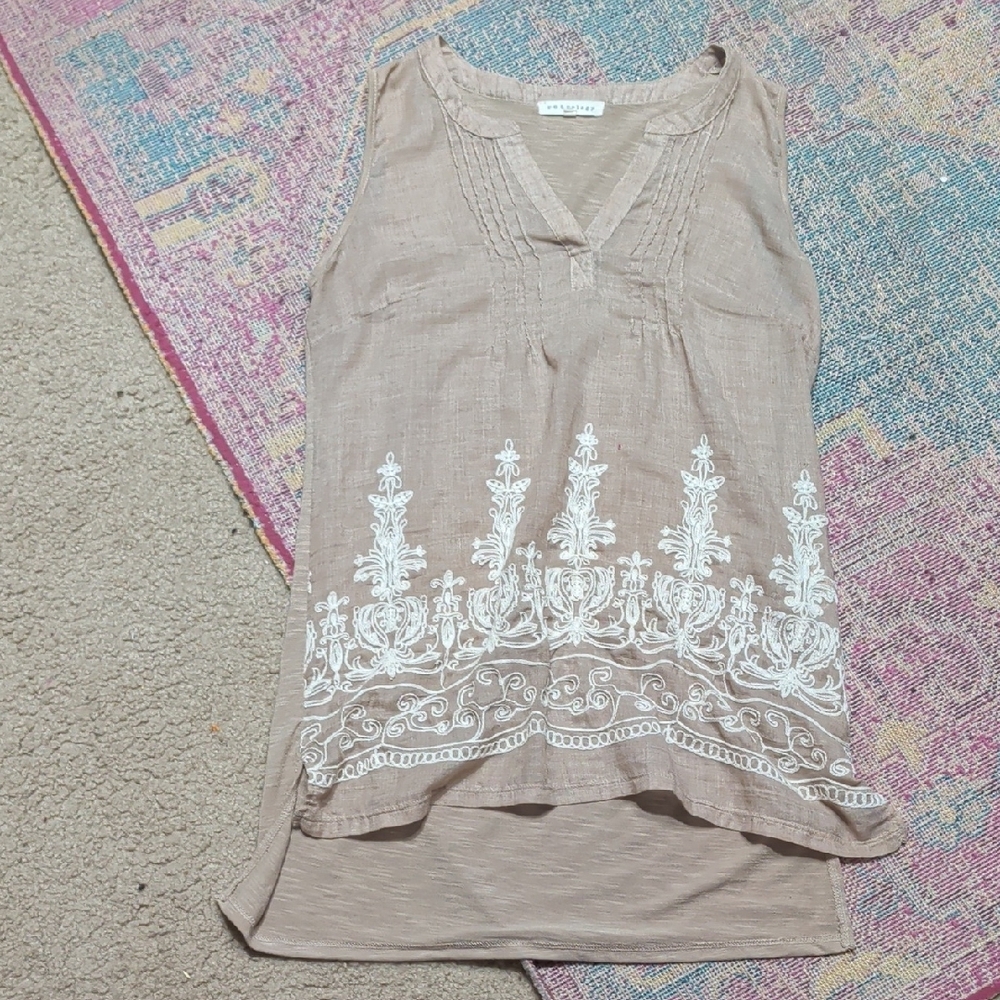 Retrology Sheer Sleeveless Embroidered Tunic Top - Taupe Women's Large - Picture 7 of 7